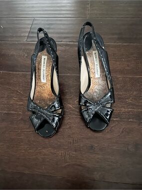 Manolo Blahnik Black Patent Crisscross Peep-Toe Slingback Heels